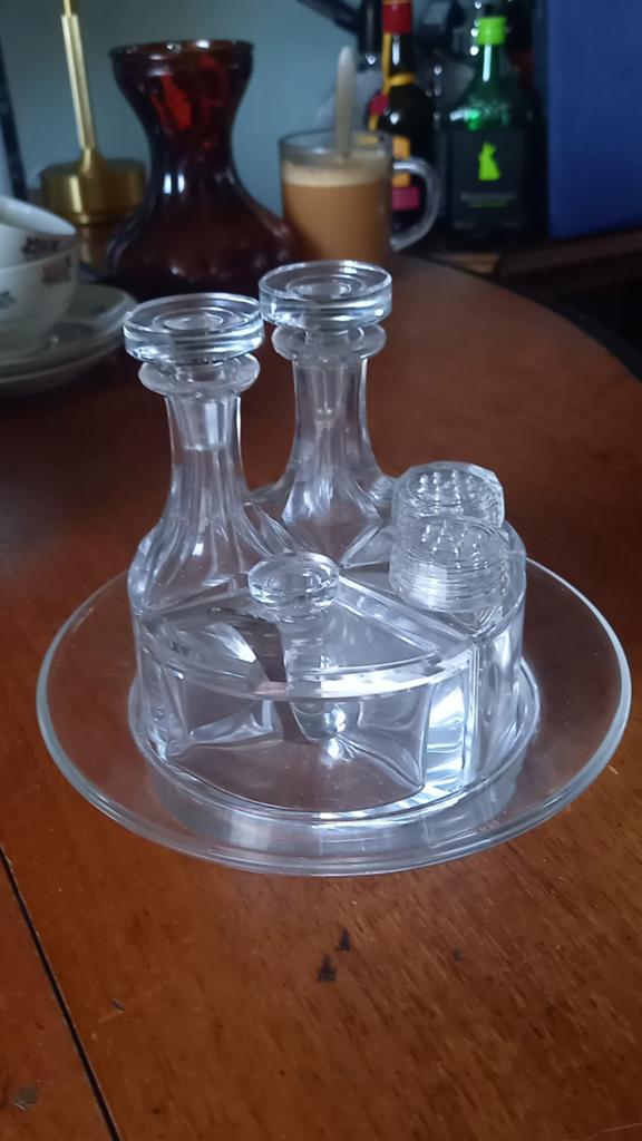 Prachtig glazen olie azijn mosterd peper en zoutstel, Overige typen, Ophalen of Verzenden, Zo goed als nieuw, Glas
