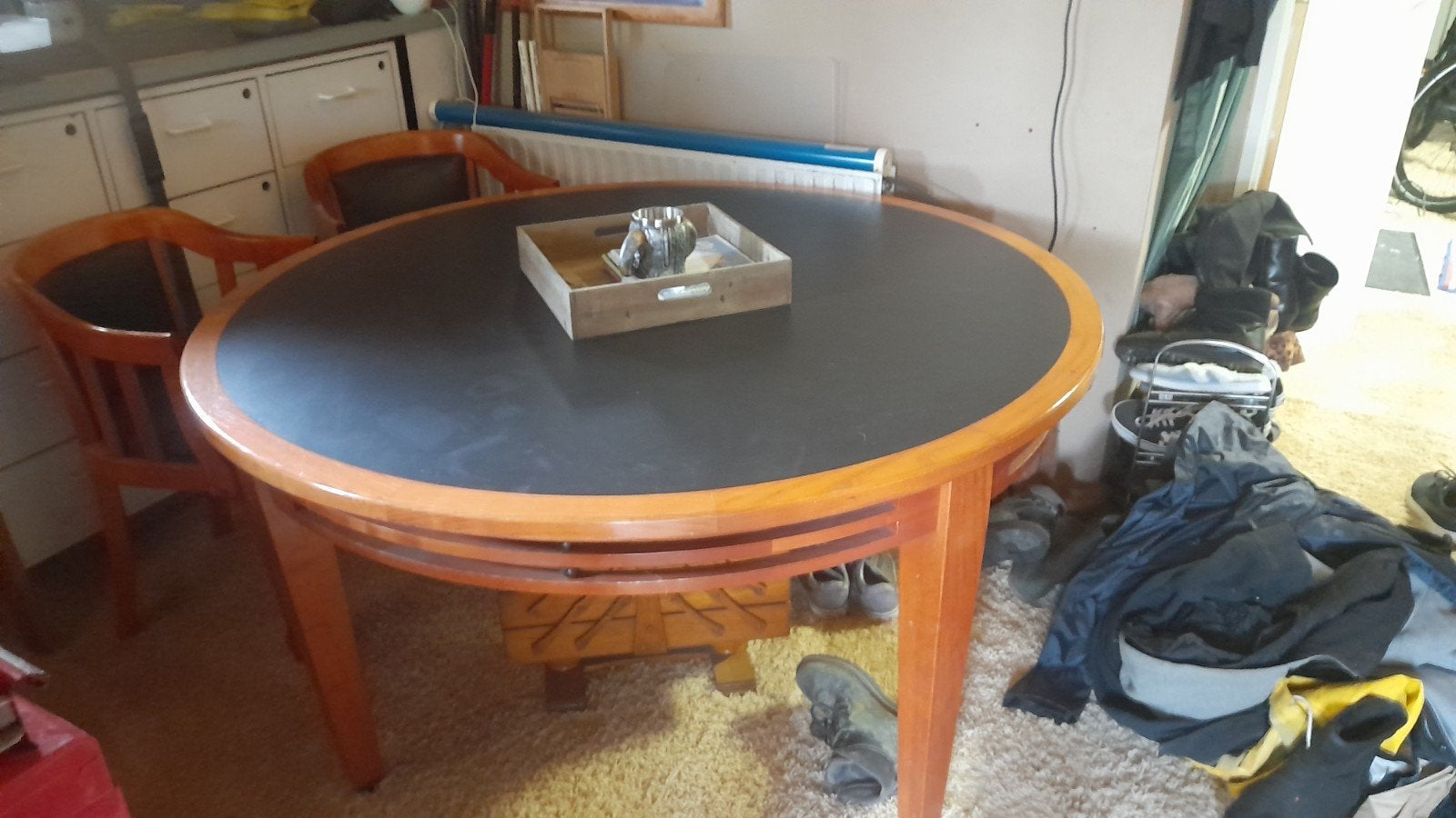 Stamtafel met 4 of 6 stoelen - 150 cm rond, Gebruikt, Rond, Ophalen of Verzenden, 100 tot 150 cm
