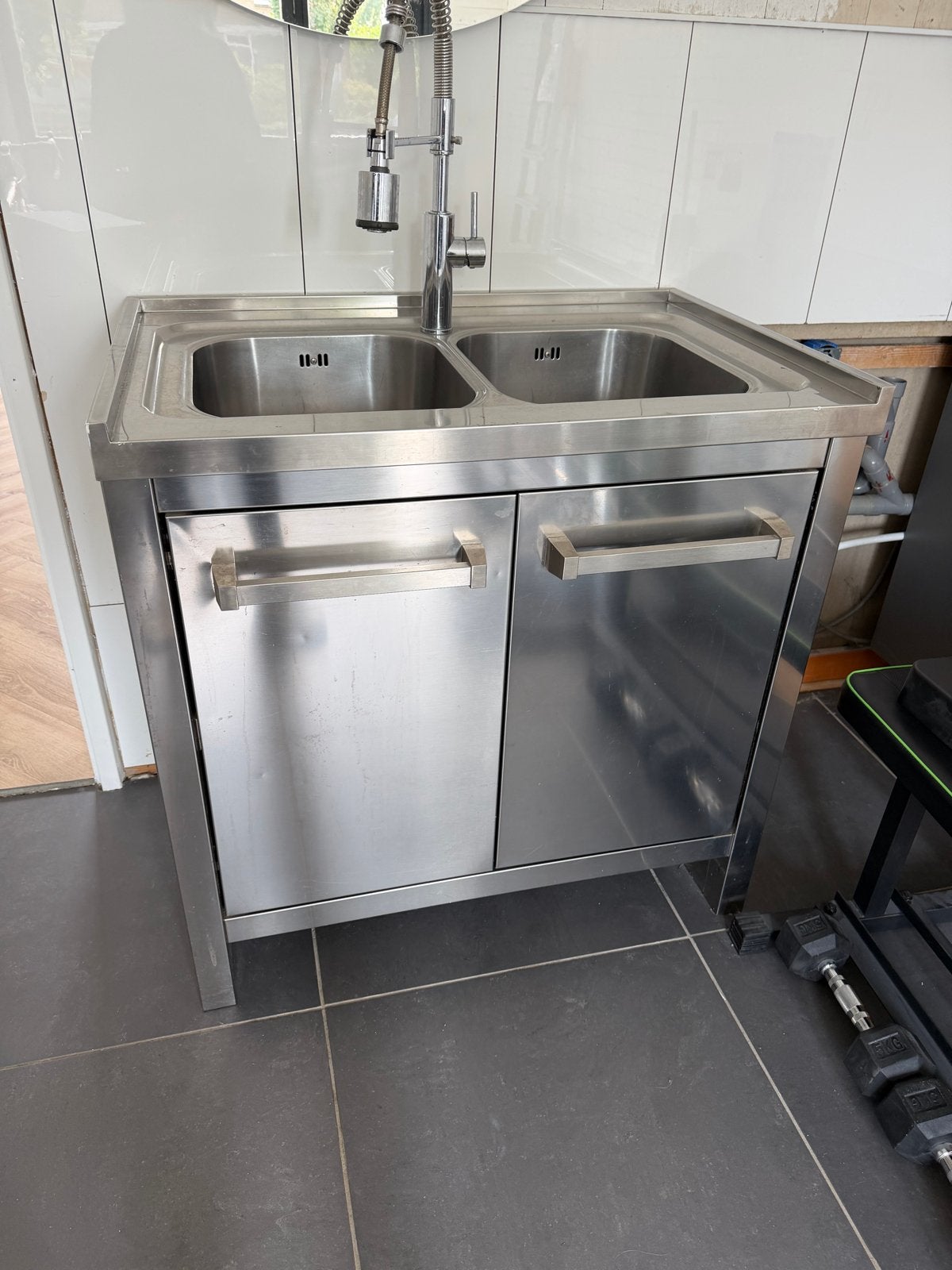 RVS spoelbak met dubbele wasbak en onderkast, Ophalen, Zilver, Metaal, Overige typen