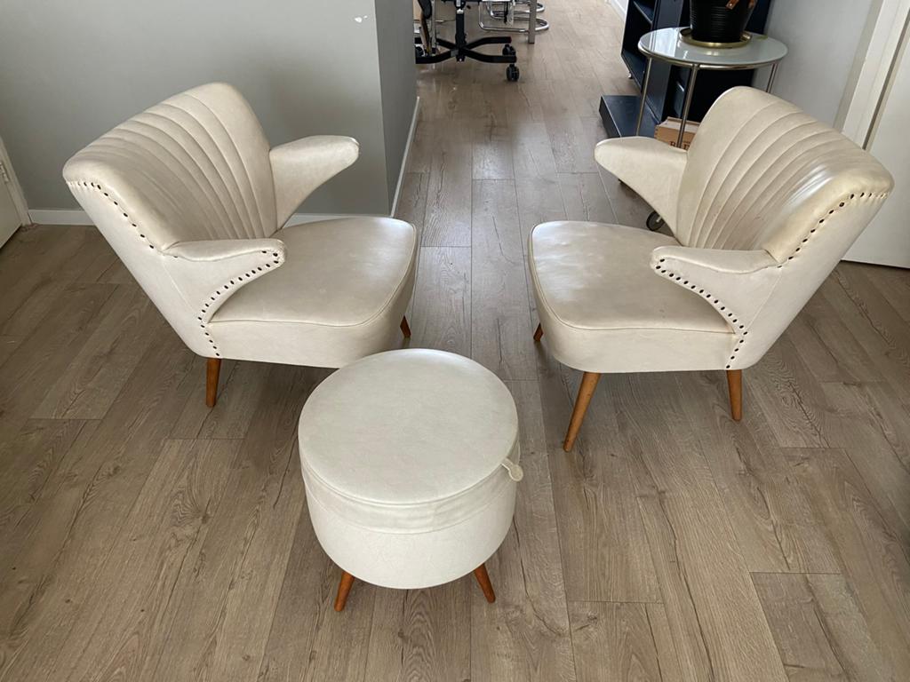 Vintage cocktailstoelen met naaipoef, Ophalen, Overige materialen, Gebruikt, Twee