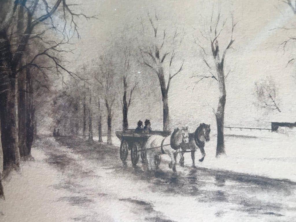 aquarel sepia 19 eeuw boeren polder landschap, Oud hollands, Ophalen of Verzenden, Gesigneerd, Aquarel