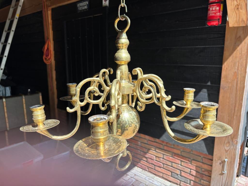 Antieke koperen kroonluchter met 6 armen, Ophalen, Koper of Brons