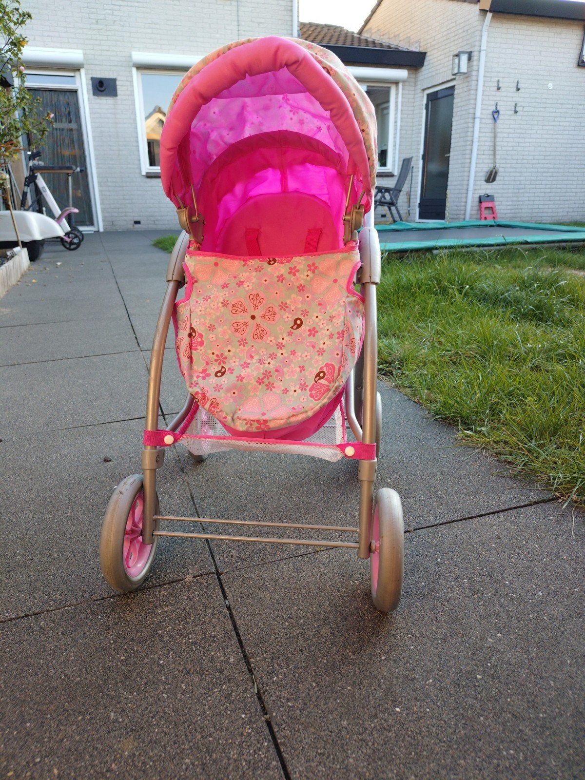 Roze poppenwagen/buggy met bloemenprint, Ophalen, Gebruikt, Overige typen