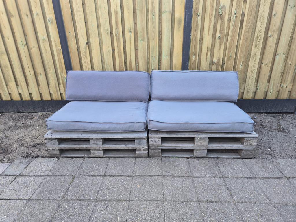 Palletbank loungeset met kussens, Tuin en Terras, Tuinsets en Loungesets, Zo goed als nieuw, Loungeset, Hout, 2 zitplaatsen, Bank