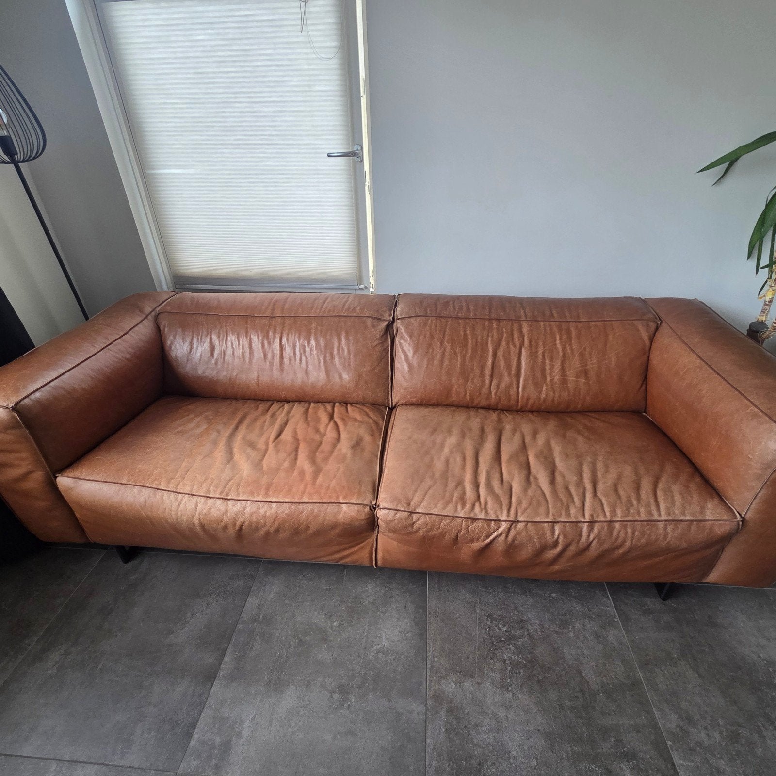 Leren bank - Giorgio model, 3-zits, cognac kleur, Ophalen, Gebruikt, Tweepersoons, Rechte bank