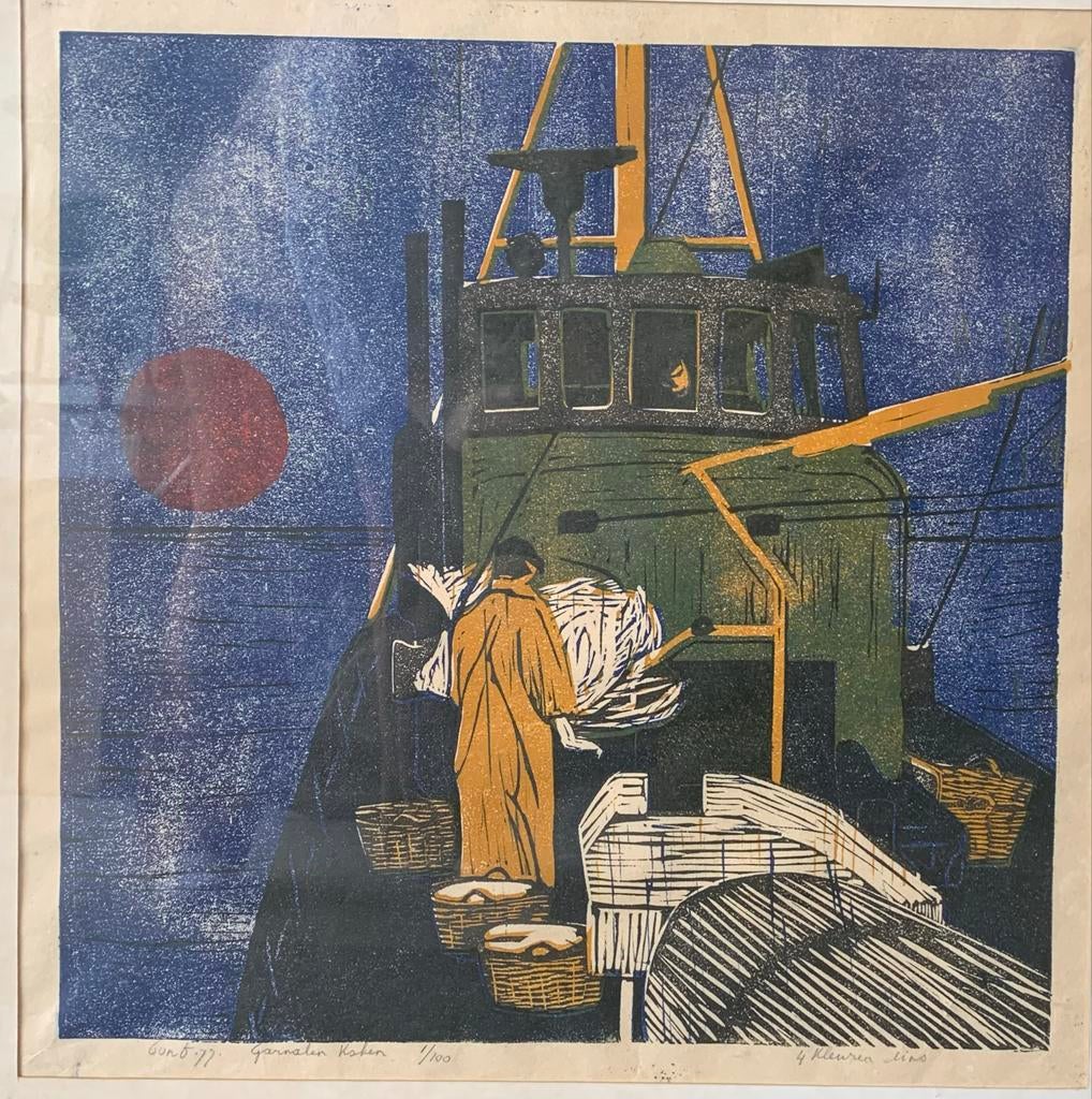 Garnalen koken  linoleumsnede Piet Lont, Antiek en Kunst, Ophalen of Verzenden