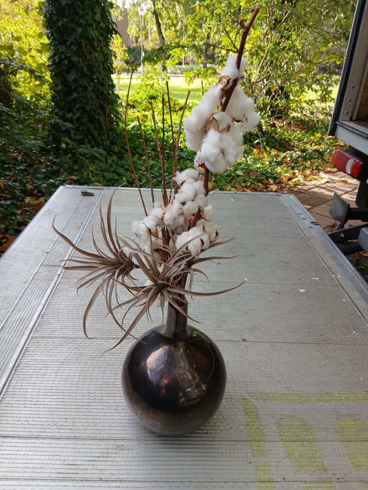 Vaas met katoenplant en decoratie, Huis en Inrichting, Ophalen, Bruin, Zo goed als nieuw, Geschikt voor droogbloemen