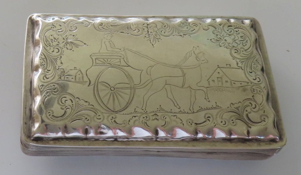 Antieke zilveren tabaksdoos "sjees" /boer en paard uit 1867, Verzenden, Zilver