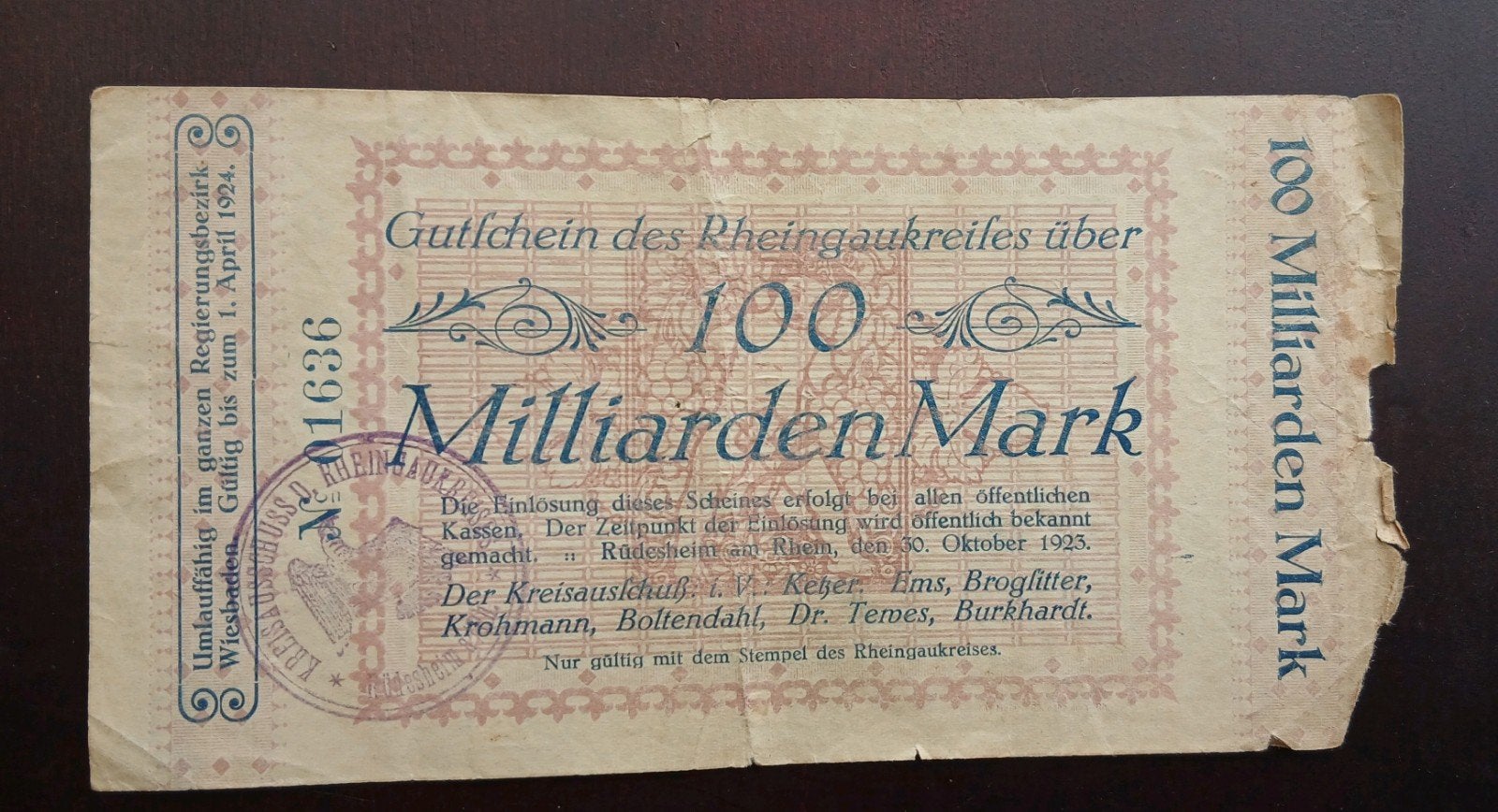 Wiesbaden 100 Miljard Mark 1924 Duitsland Antiek Bankbiljet, Ophalen of Verzenden, Duitsland