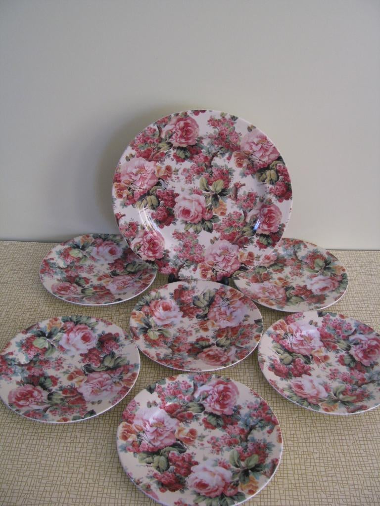 7 delig * porselein * gebak set * heel veel 🌺 🌹 🌺 bloemen, Ophalen of Verzenden, Zo goed als nieuw, Bord(en), Overige stijlen