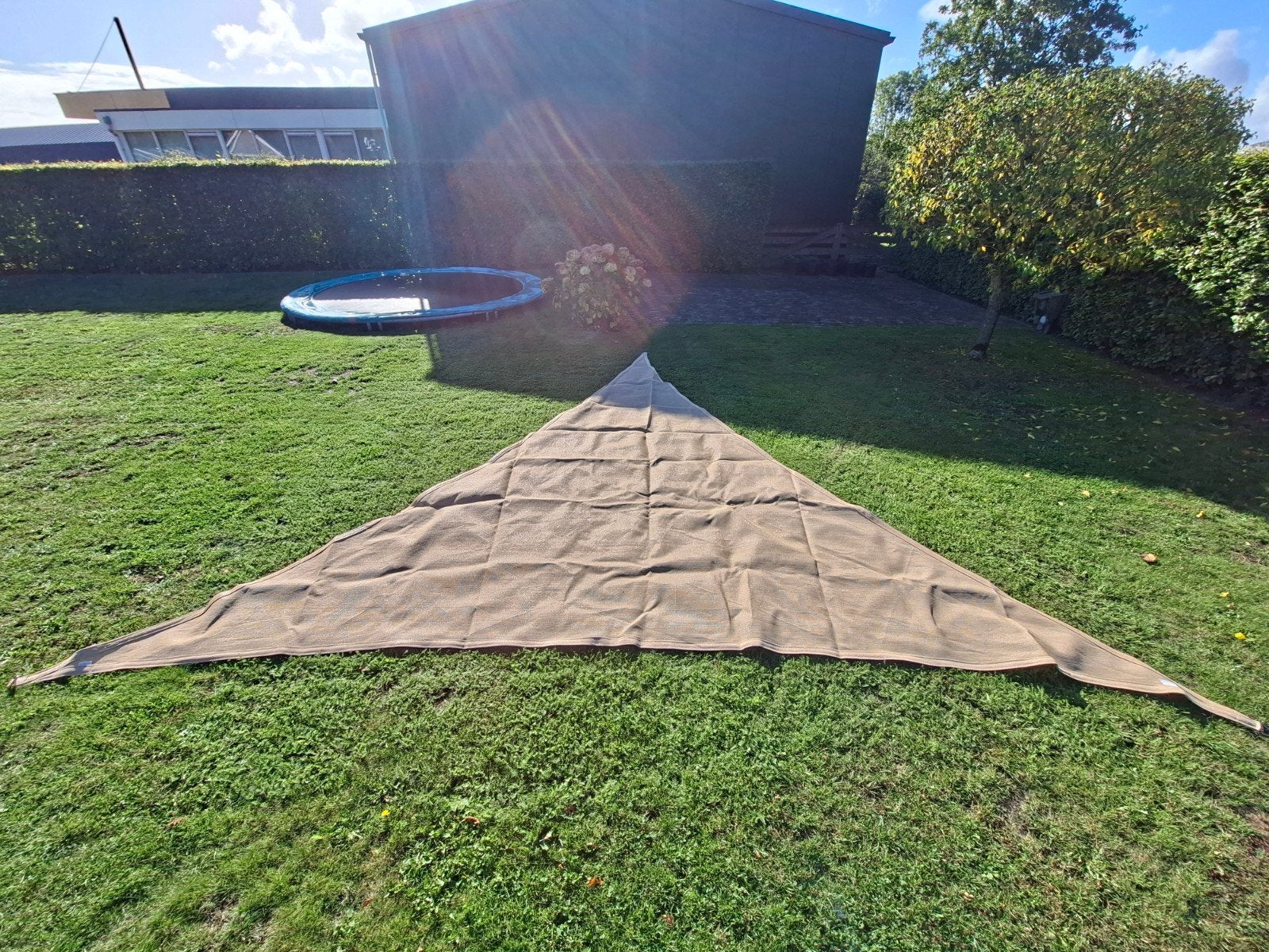 Nesling Schaduwdoek Driehoek 5x5x5m met Bevestigingen, Gebruikt, Overige typen, 450 cm of meer, Ophalen of Verzenden