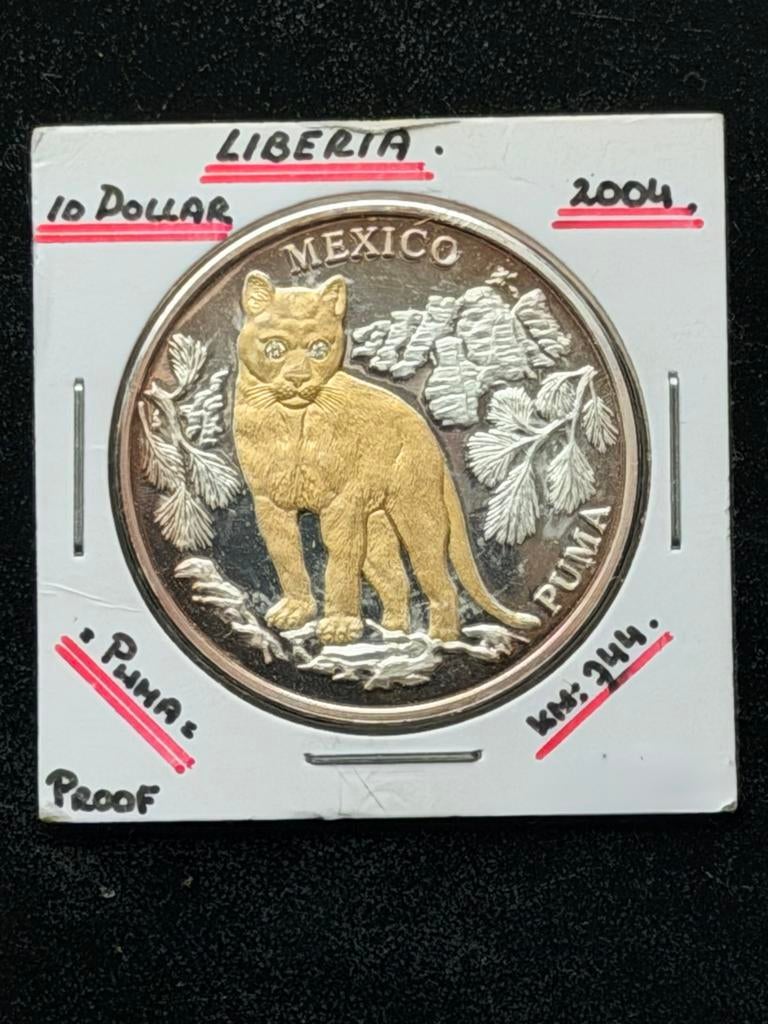 Liberia 10 Dollar 2004 zilver / goud PROOF Puma & Lemur, Postzegels en Munten, Munten | Amerika, Ophalen of Verzenden, Midden-Amerika