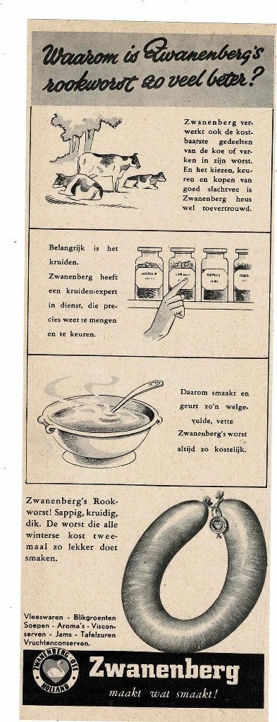 Waarom is ZWANENBERG's rookworst zo veel beter ? 1950, Verzenden, Zo goed als nieuw, Overige typen