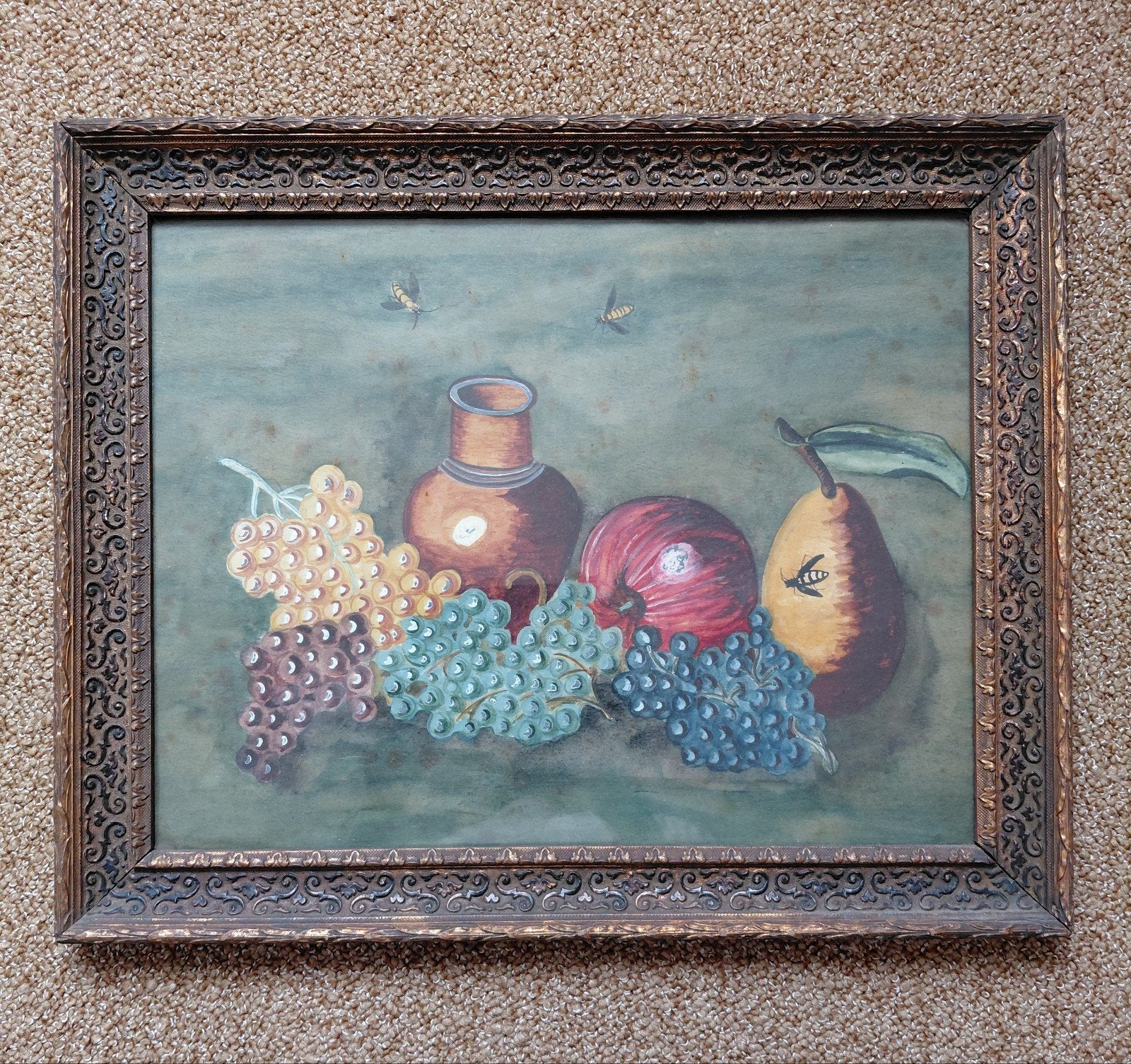 Antiek stilleven met fruit en vaas, ingelijst, Ophalen of Verzenden