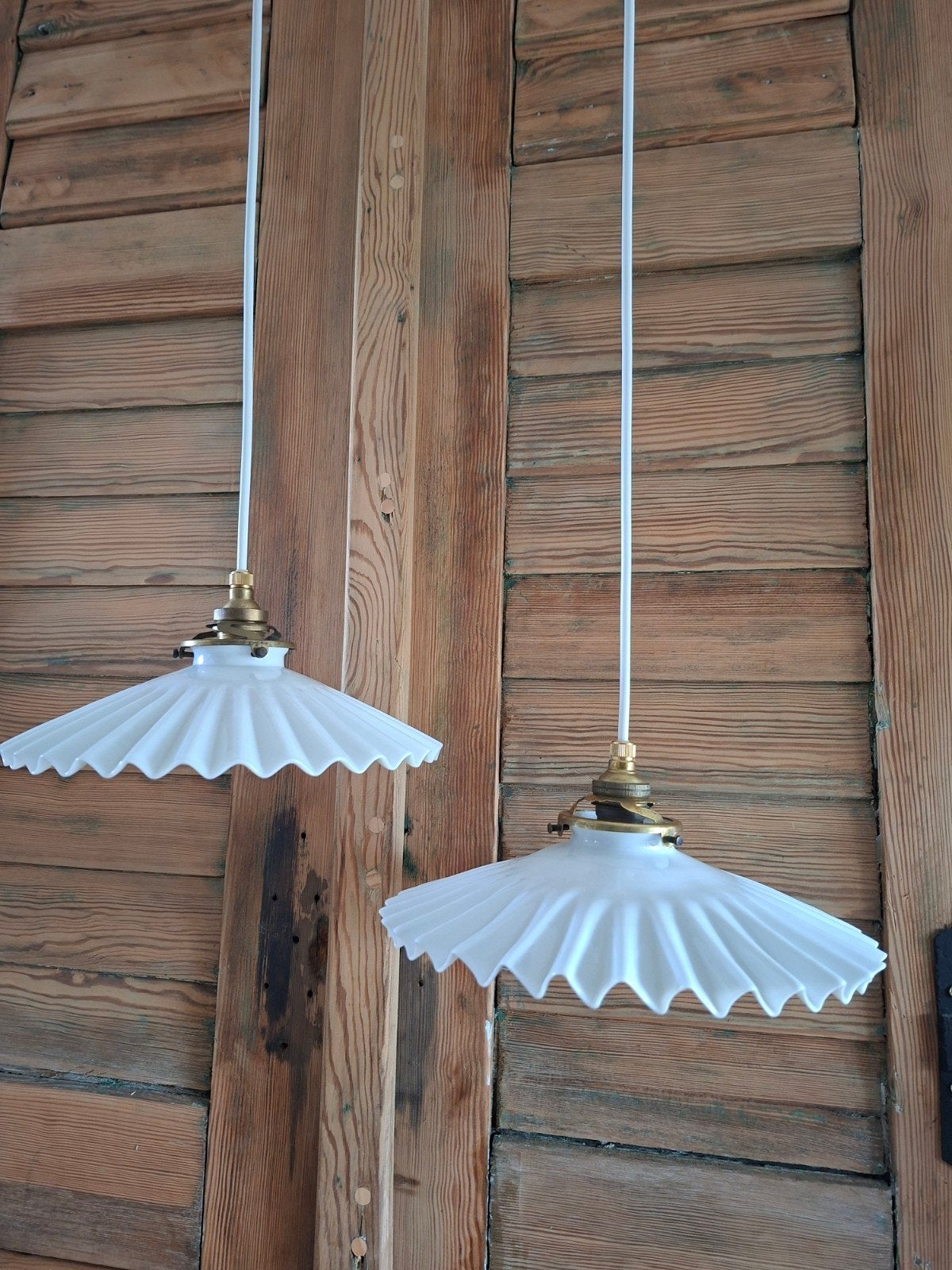 franse Opaline glazen hanglampen , plissé model lamp, Ophalen of Verzenden