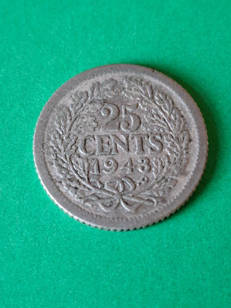 1943PP kwartje in zilver Wilhelmina, schaars, Postzegels en Munten, Munten | Nederland, Verzenden, Zilver, 25 cent, Koningin Wilhelmina