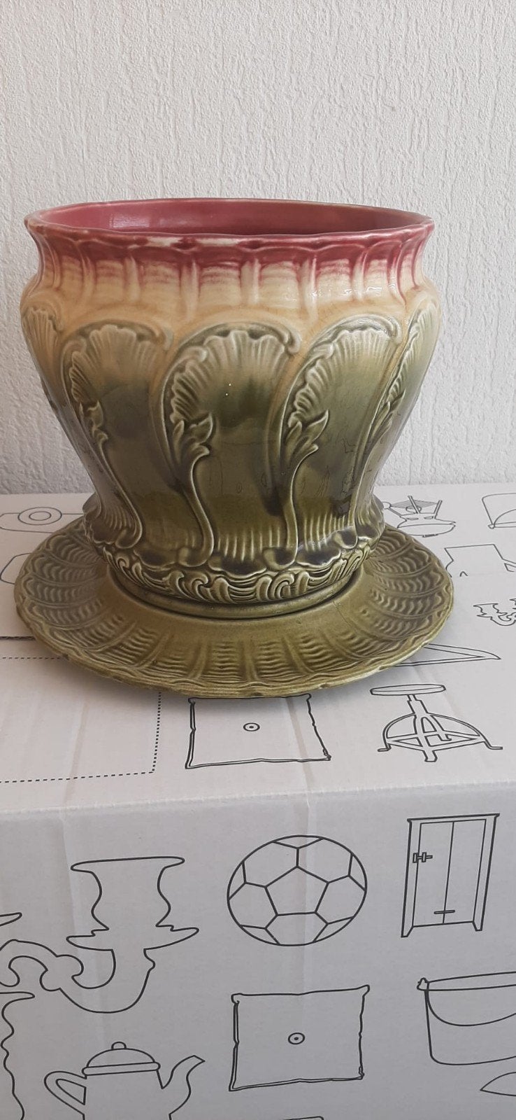 Vintage Bloempot met Schotel - Groen/Rood Keramiek, Ophalen