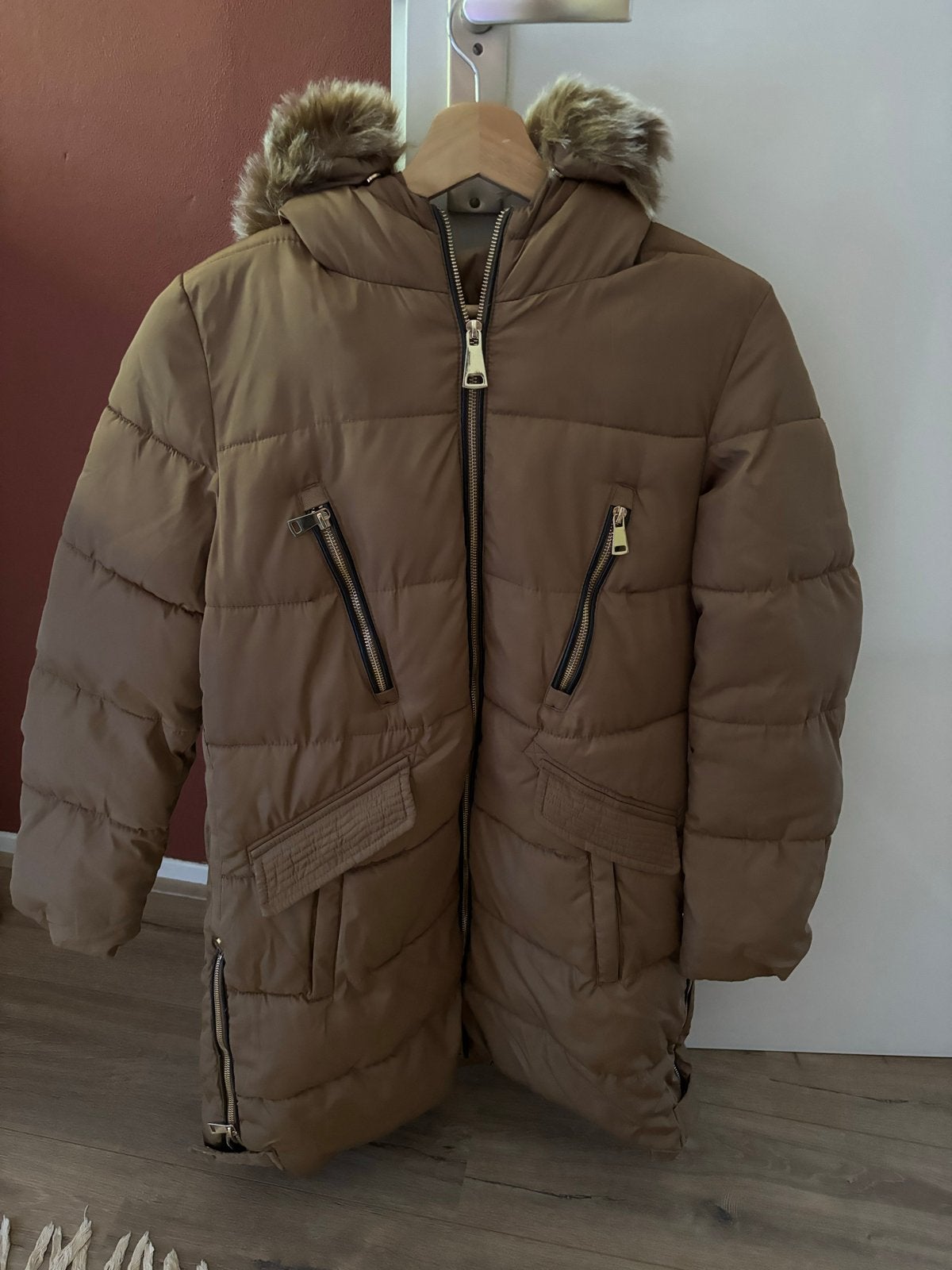 Winterjas dames bruin lang met capuchon en bontkraag maat L, Verzenden, Gedragen, Maat 42/44 (L), Bruin