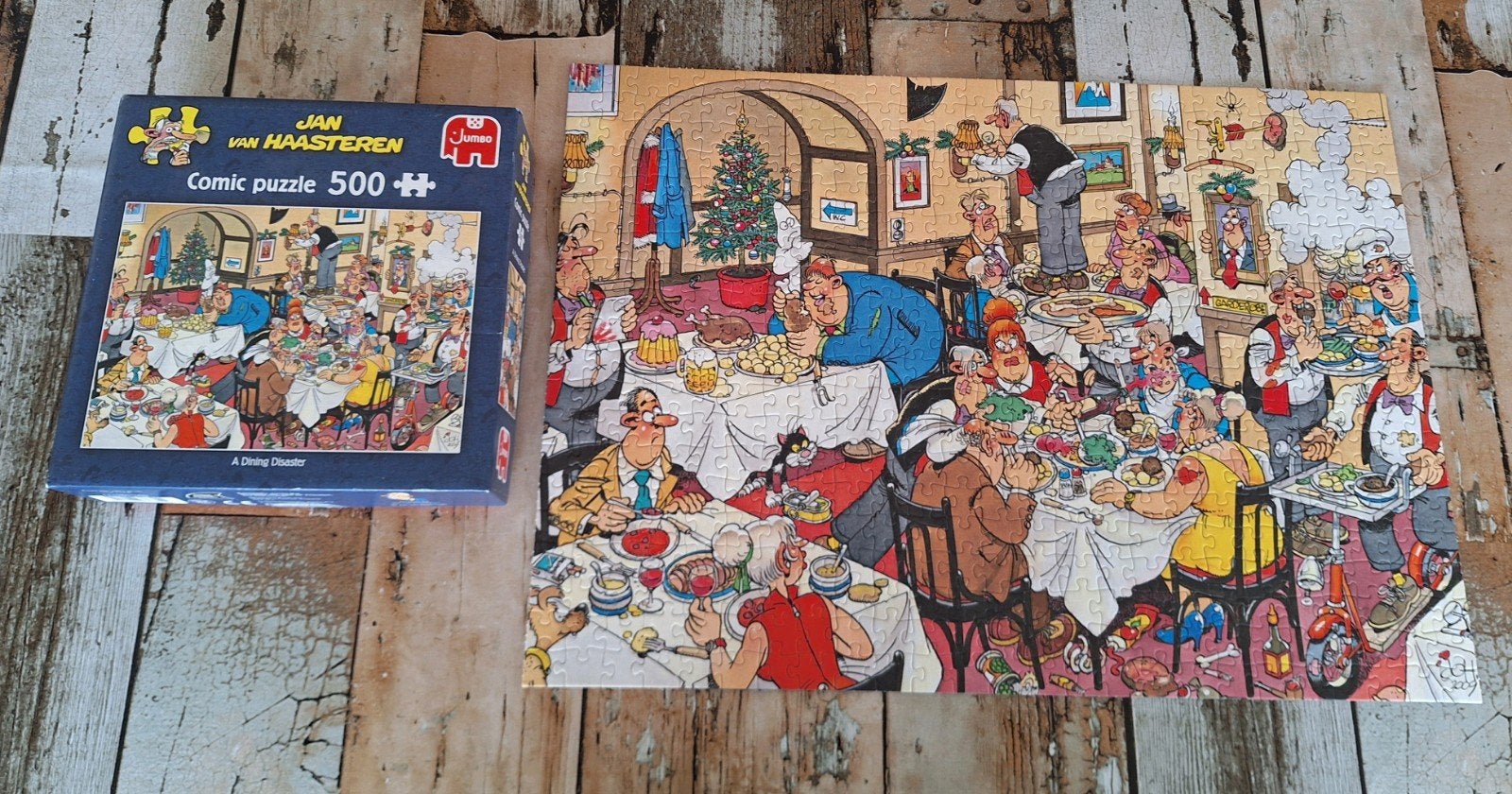 Jan van Haasteren puzzel 500 stukjes a dining disaster, Hobby en Vrije tijd, Ophalen of Verzenden, 500 t/m 1500 stukjes, Zo goed als nieuw