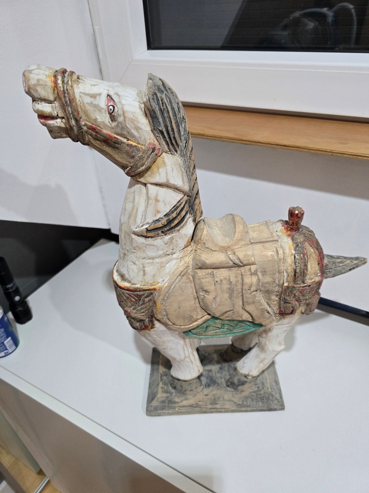 Antiek Houten Paard Beeld - Handgesneden en Beschilderd, Ophalen, Overige onderwerpen, 20 - 50 cm, Handgemaakt