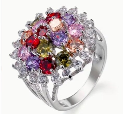 Verschilende kleuren zirkonen 925 zilveren ring, 18 tot 19, Verzenden, Nieuw, Met edelsteen