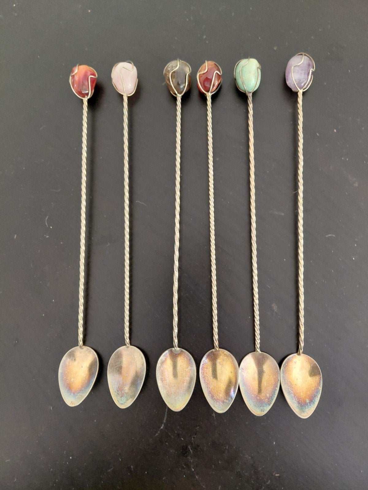 Antieke coctaillepels met halfedelstenen, 6 stuks., Verzenden