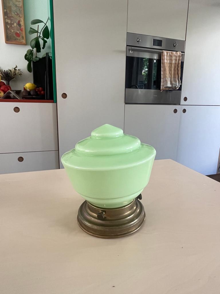 Art Deco Plafonnière - Groen Glas met Messing, Antiek en Kunst, Ophalen of Verzenden