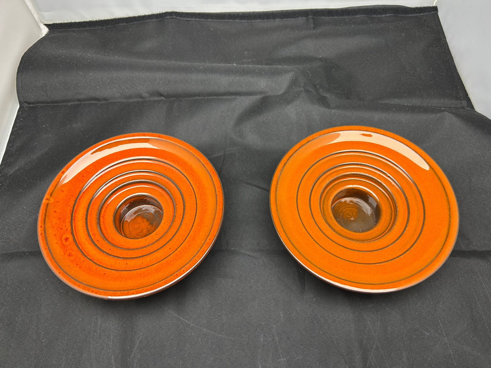 Vintage Gouda Keramiek Kandelaars Oranje Jaren 70 Retro Set, Ophalen, Zo goed als nieuw, Oranje, Steen/keramiek