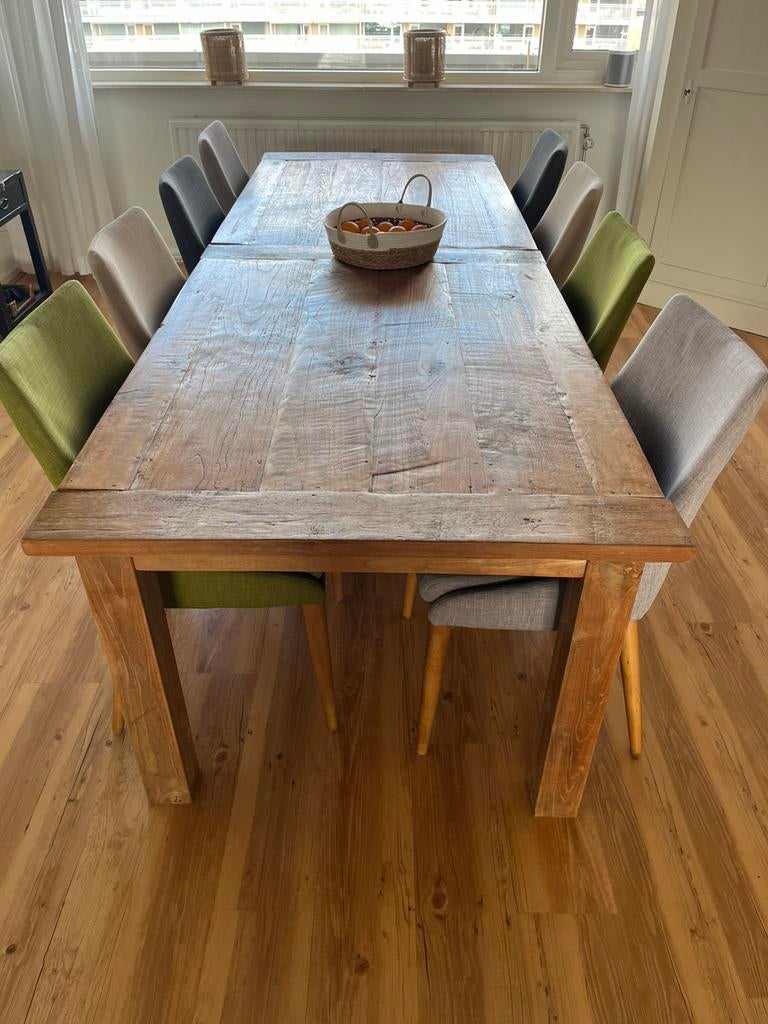 Teak eettafel met 8 stoelen, Gebruikt, Stoer, 100 tot 150 cm, Teakhout