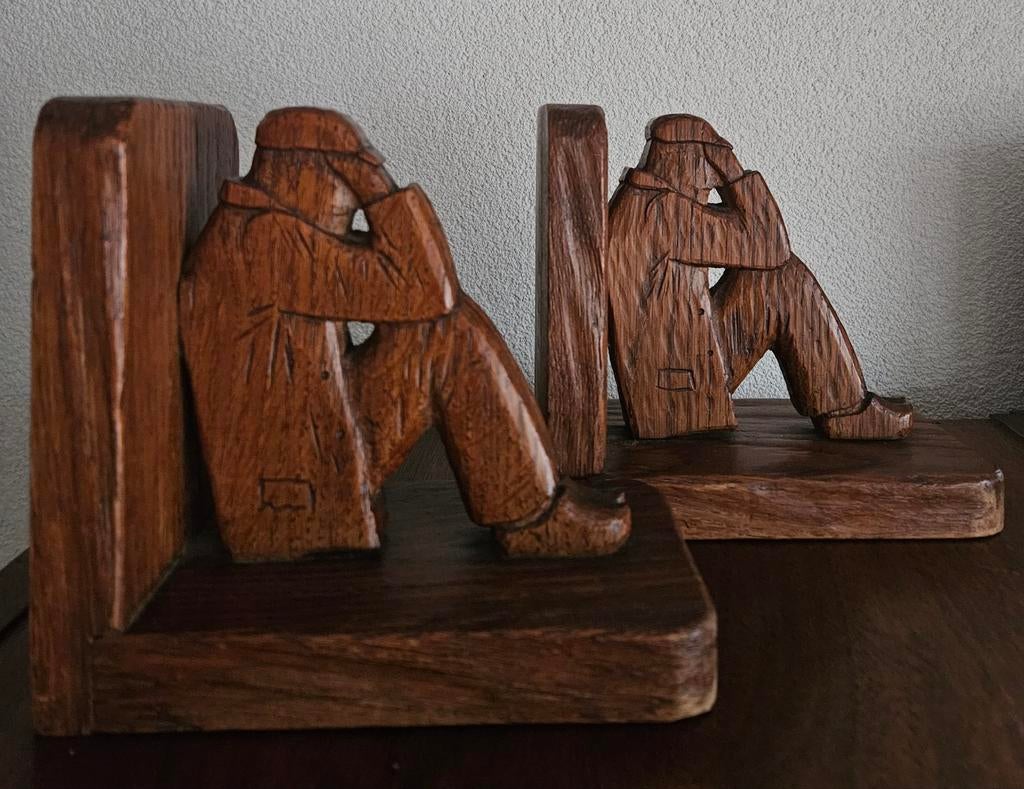 Antieke eiken boekensteunen, Antiek en Kunst, Kunst | Beelden en Houtsnijwerken, Ophalen of Verzenden, Hout