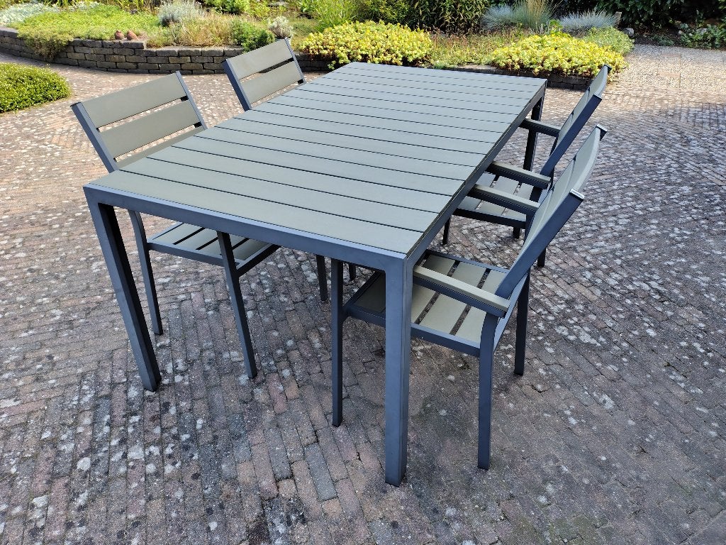 Tuintafel met 4 stoelen – aluminium & kunsthout, Ophalen, Gebruikt, Rechthoekig, Overige materialen