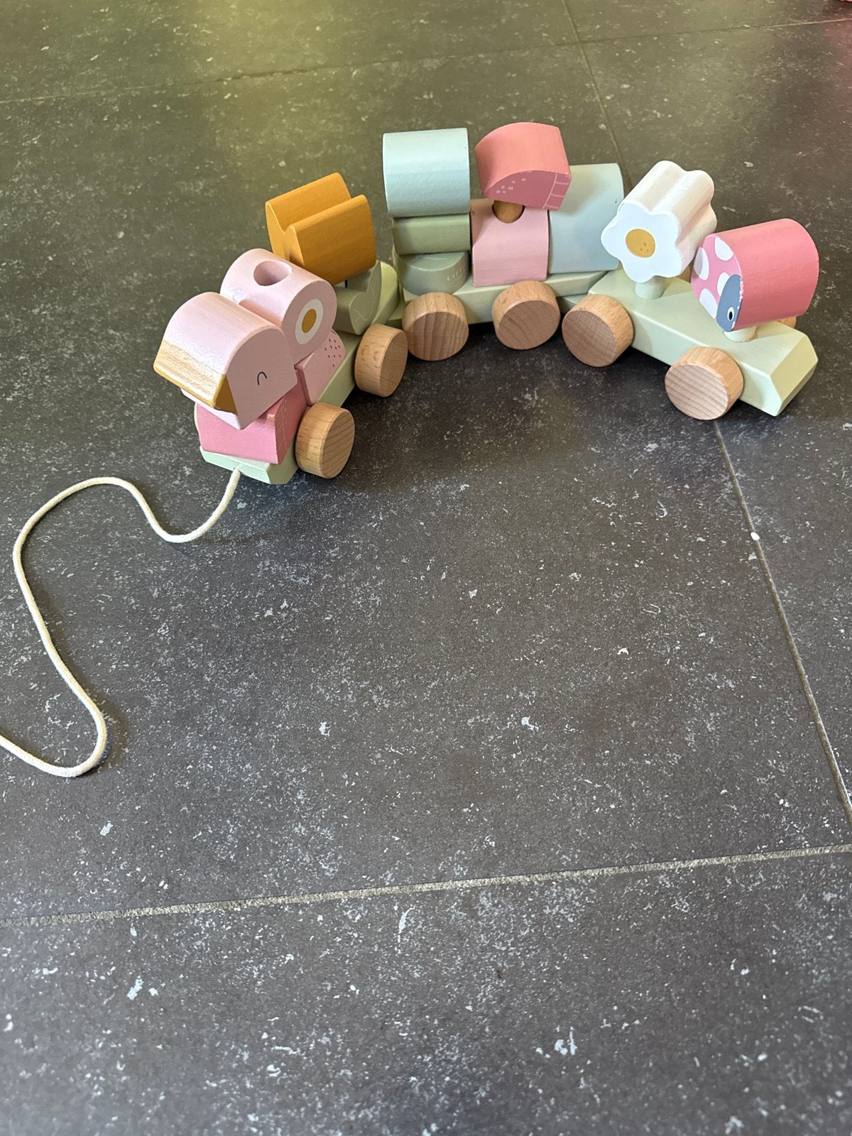 Houten Duwtrein met Dieren en Blokken - little dutch, Ophalen of Verzenden, Zo goed als nieuw, Duw- of Trekspeelgoed