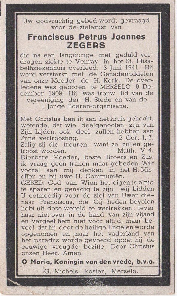 Franciscus P.J. Zegers 1909 Merselo + 1941 Venray, 31 jaar, Verzamelen, Verzenden