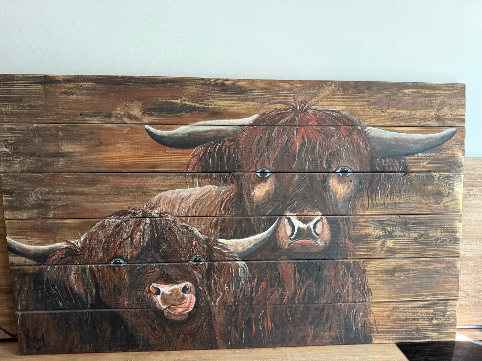 Schilderij Schotse Hooglanders op hout 140x85cm, Ophalen, Realistisch, Overige ondergronden, Dieren