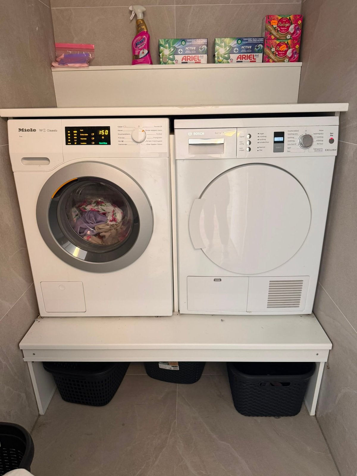 Miele W1 Classic Wasmachine & Bosch Serie 4 Droger, Witgoed en Apparatuur, Wasmachines, Ophalen, Gebruikt, Voorlader, Kort programma