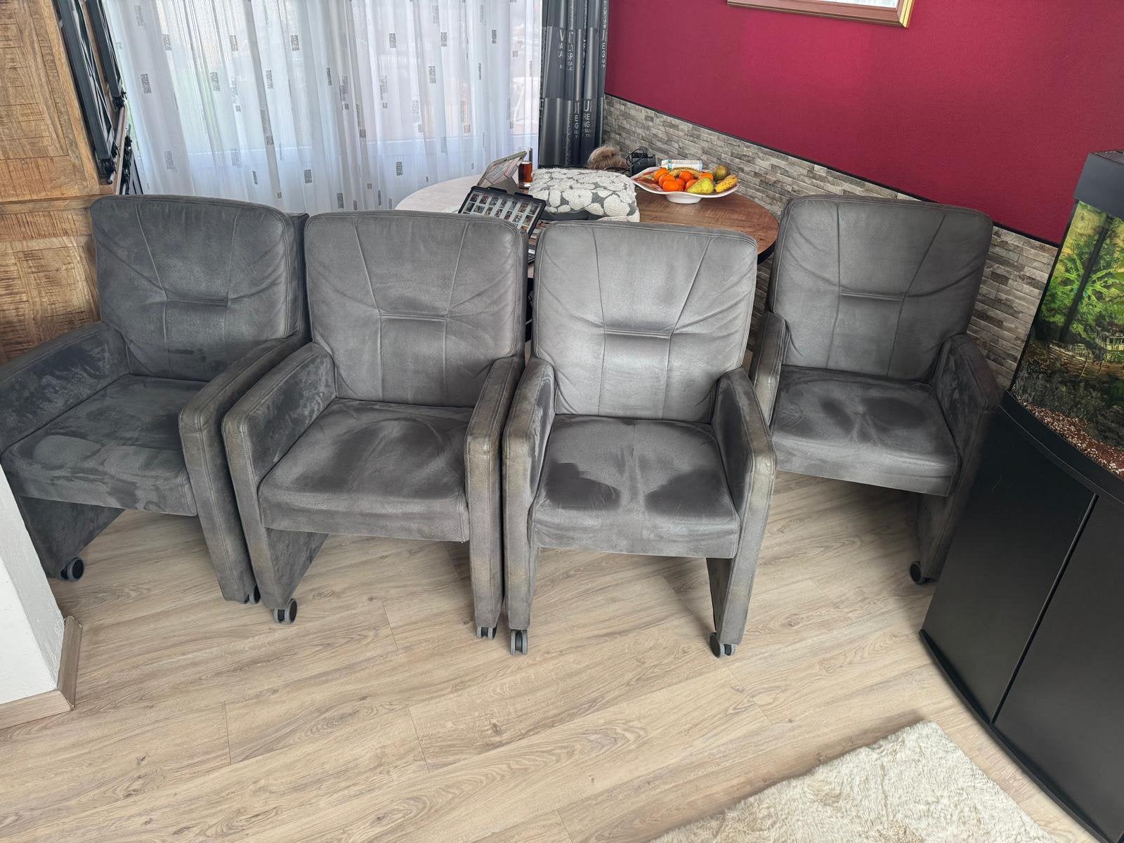 4x Comfortabele eetkamerfauteuils op wielen - Grijs, Ophalen, Gebruikt, Vier, Stof