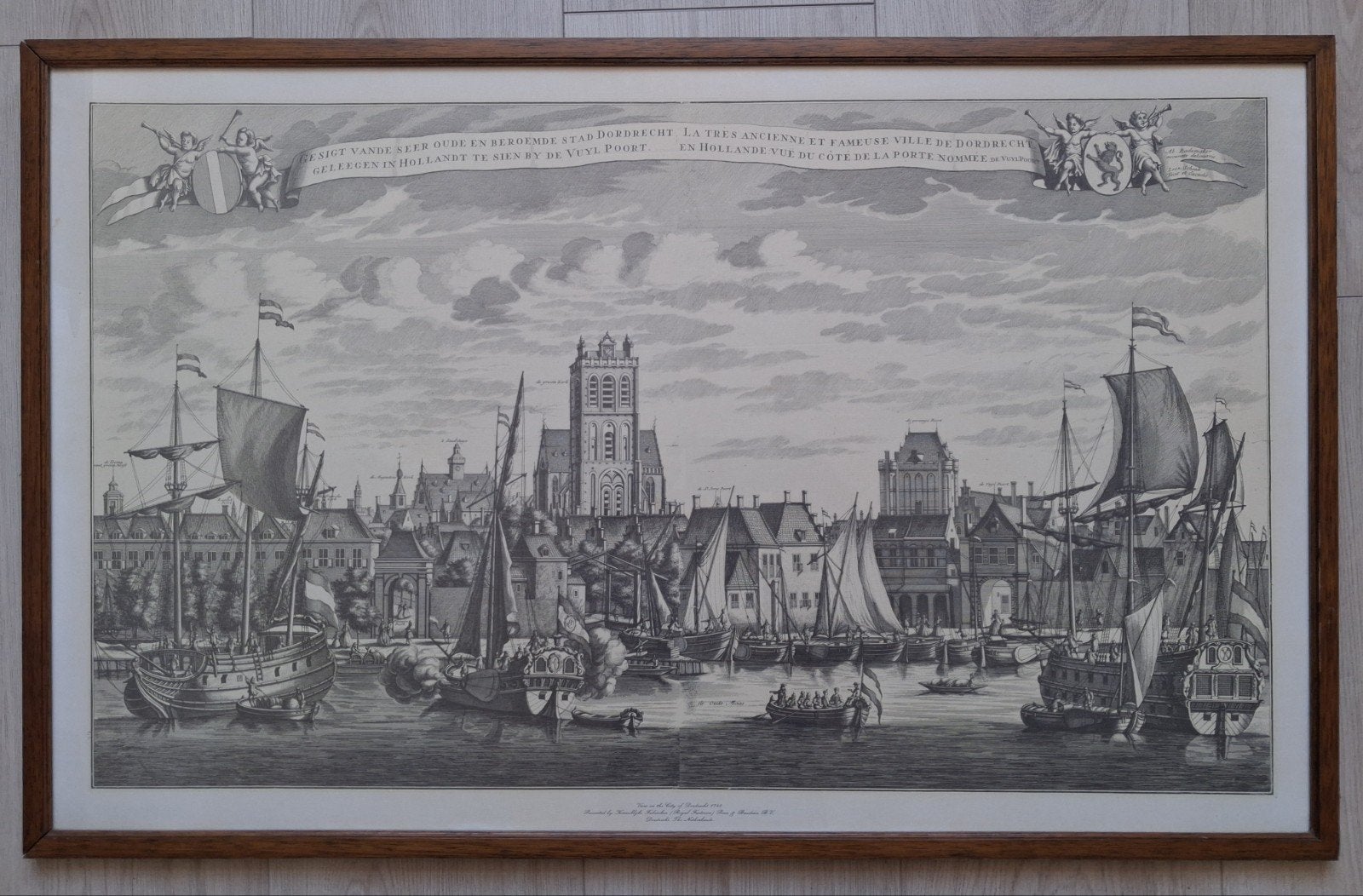 Gezicht op Dordrecht 1740 - Repro 100x60cm, Antiek en Kunst, Ingelijst, 1950 - 1999, 60 cm, Ophalen of Verzenden