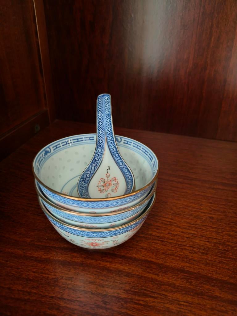 Set van 3 Chinese rijstkommen met lepel, Ophalen of Verzenden