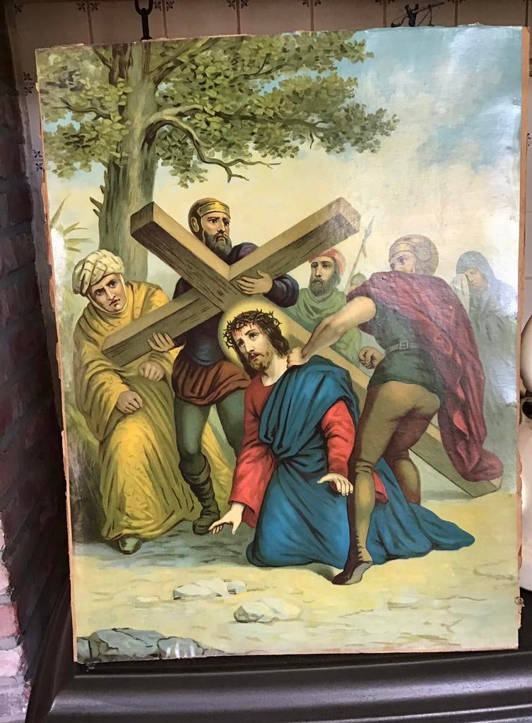 Prachtige oude prent kruisweg Jezus Christus, Ophalen of Verzenden