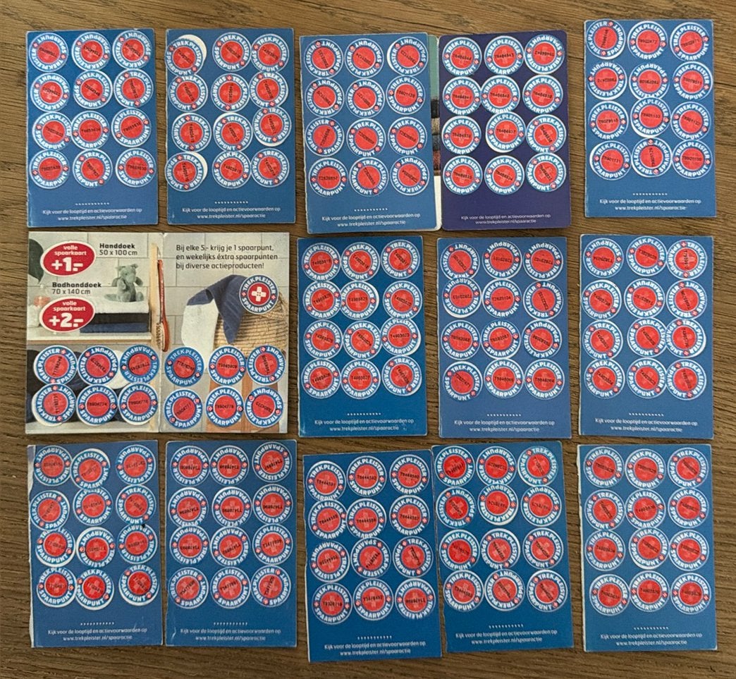 14 kaarten vol trekpleisterzegels voor handdoeken, Hobby en Vrije tijd, Spaarzegeltjes, Ophalen of Verzenden, Winkel, Super of Benzinepomp