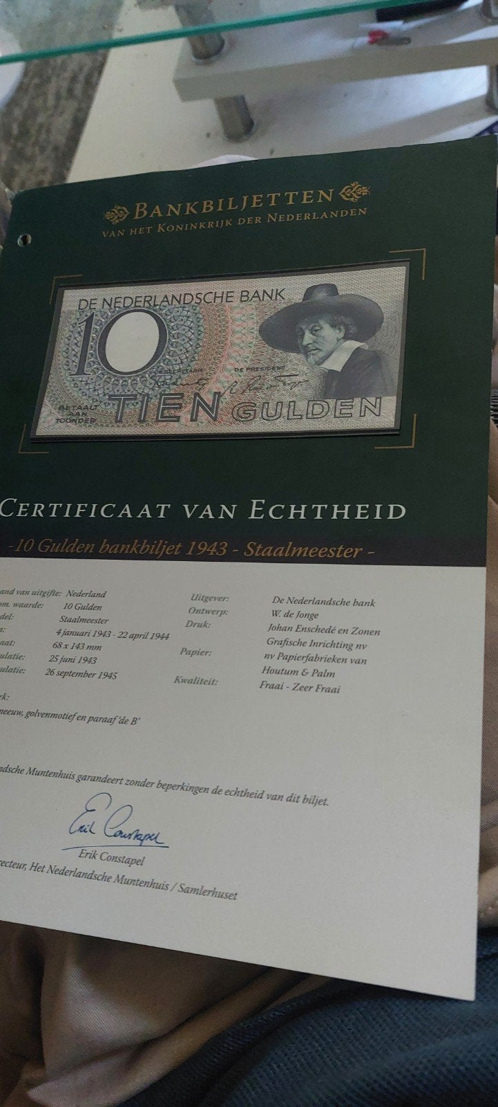 10 Gulden bankbiljet 1943 - Staalmeester met echtheid, Ophalen, 10 gulden