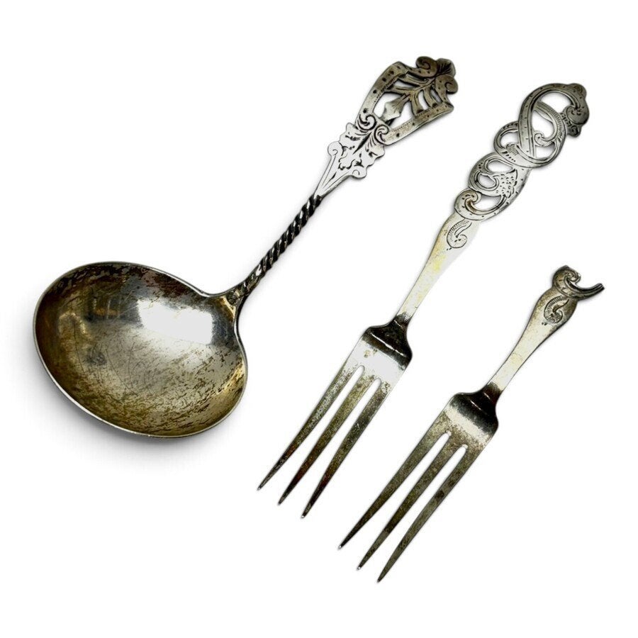 Zilveren roomlepel met twee vorkjes, Ophalen of Verzenden, Zilver