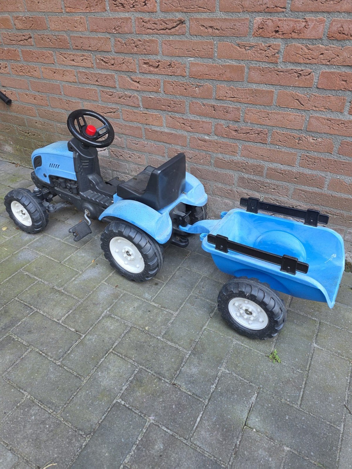 Blauwe traptractor met aanhanger voor kinderen, Ophalen, Gebruikt, Trapvoertuig