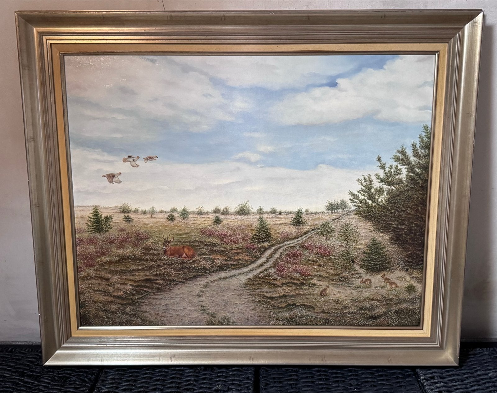 Schilderij uit 1968: Reeën in heidelandschap, Ophalen, Gedateerd, Doek, Realistisch