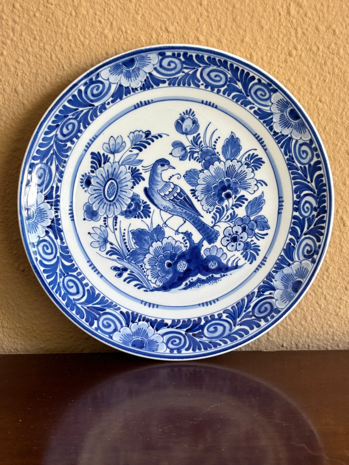 Antiek Delfts Blauw bord met vogel | Porceleyne Fles, Ophalen of Verzenden
