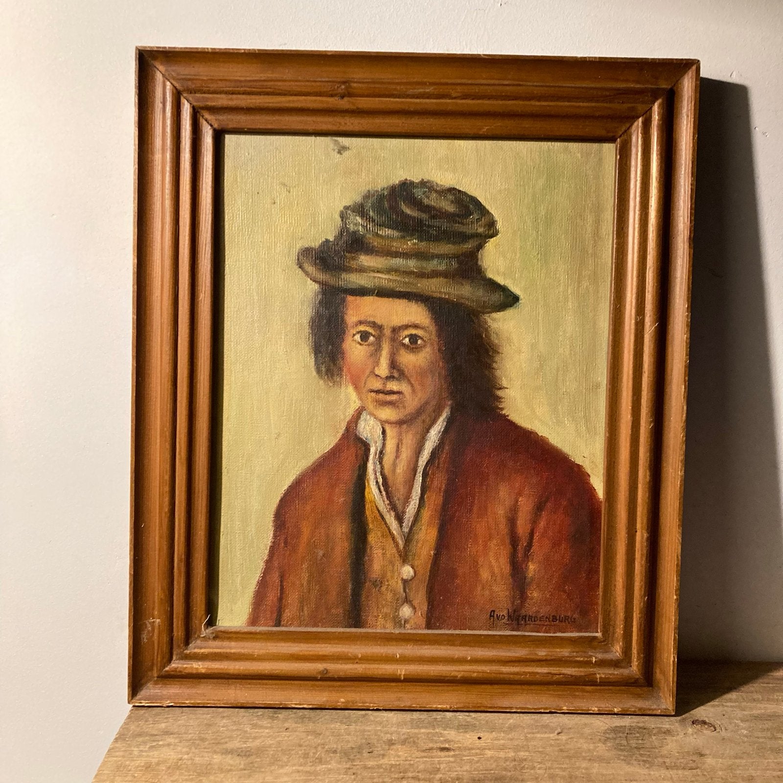 Klassiek portret van man met hoed, olieverf, A. van de Waard, Doek, Portret of Personen, Ophalen of Verzenden, Olieverf