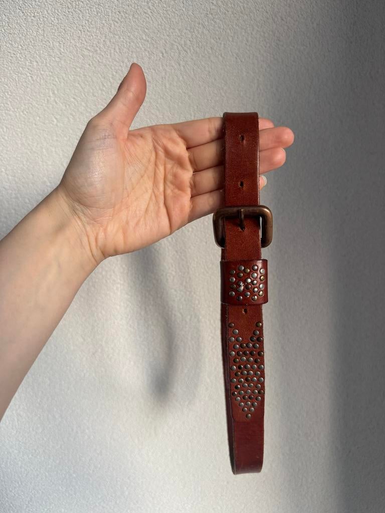 Vintage Petrol smalle bruine leren riem met studs, Bruin, Minder dan 80 cm, Echt leder, Heupriem