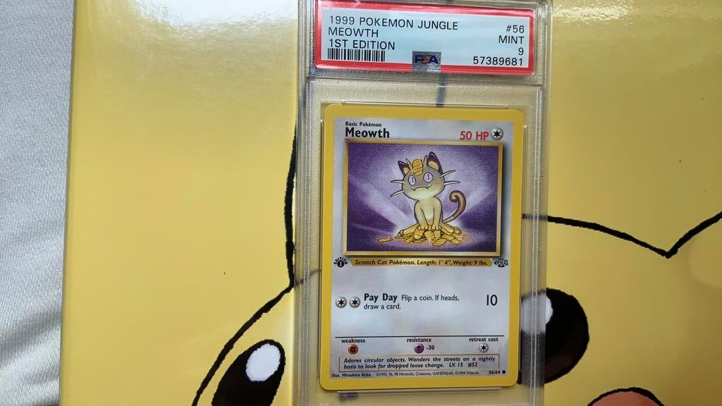 1999 pokomon jungle # 56 meowth 1 ste edition 9, Hobby en Vrije tijd, Verzamelkaartspellen | Pokémon, Ophalen, Nieuw, Losse kaart