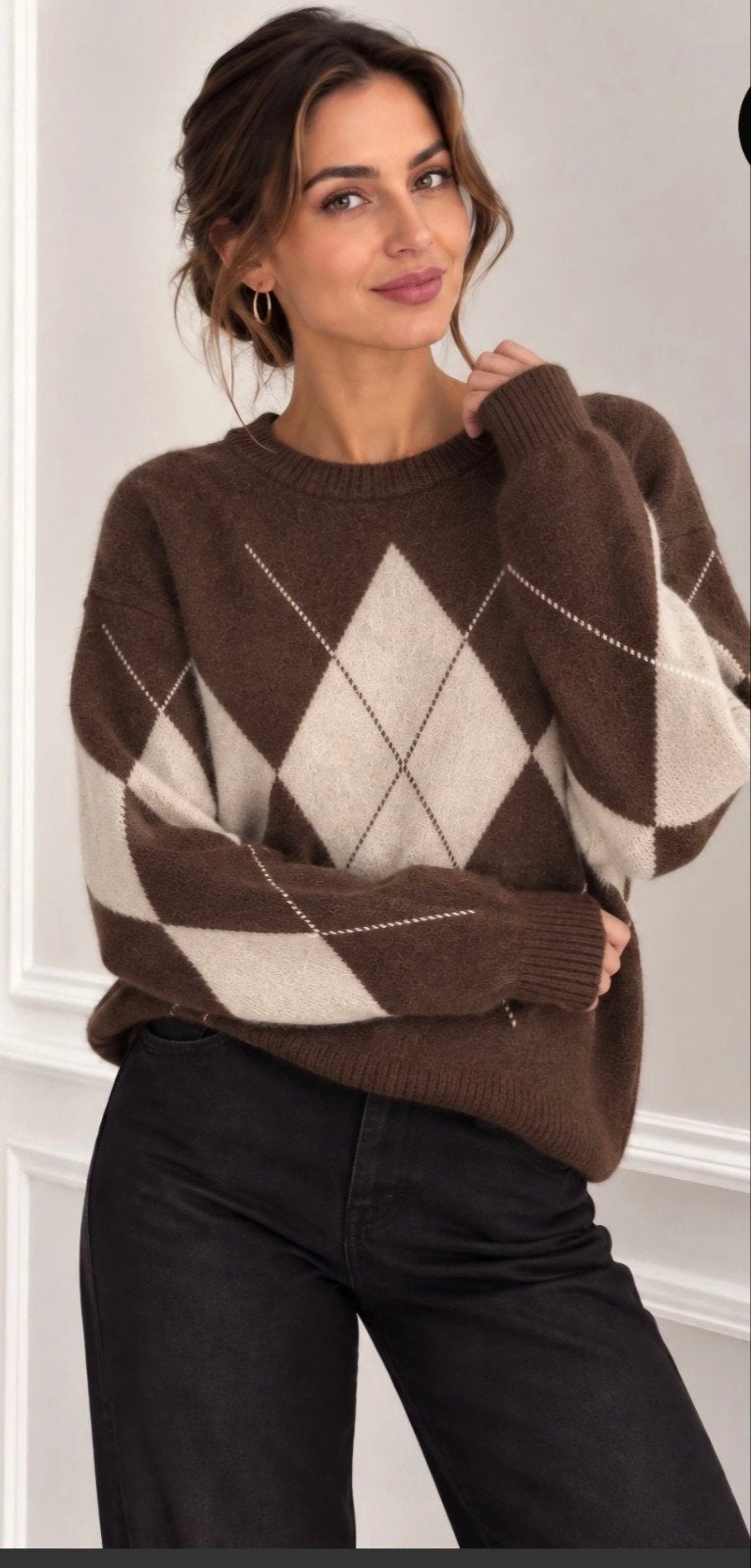 trui donker bruin creme wiebertjes ruiten one size tot 44, Beige, Maat 42/44 (L), Nieuw, Ophalen of Verzenden