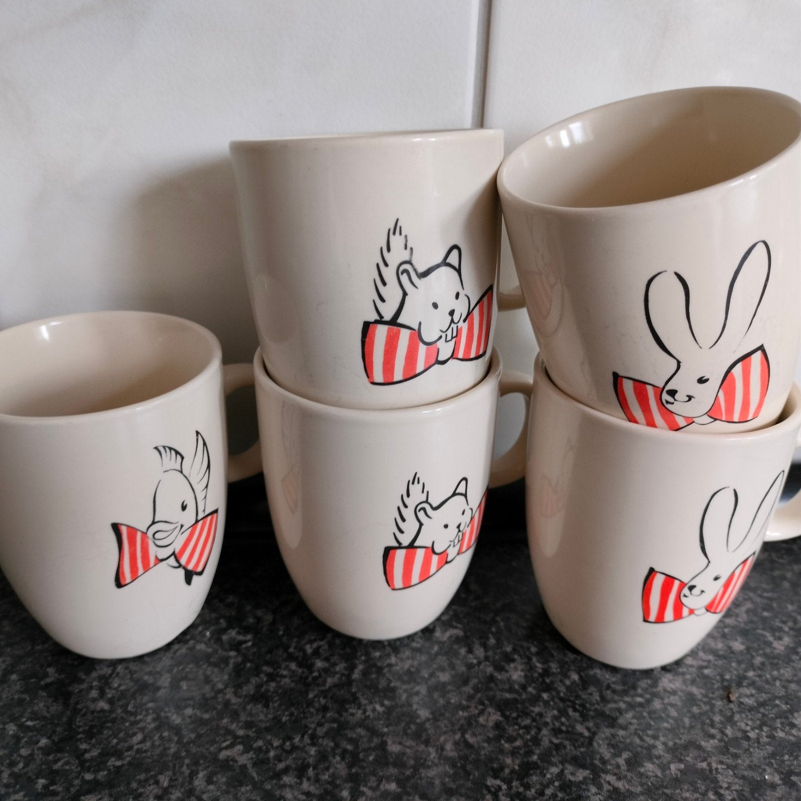 Set van 5 vintage mokken met dierenprint, Ophalen, Zo goed als nieuw, Overige stijlen, Kop(pen) en/of Schotel(s)